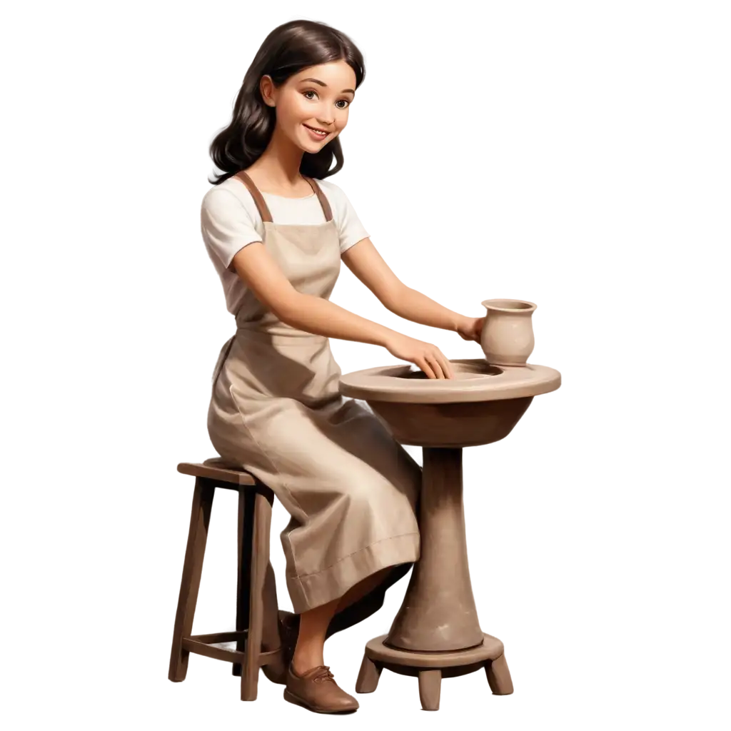 a girl with dark hair, pretty and thin, in an apron and dress smiling, sculpting clay on a potter's wheel, focused, high detail realism high quality photo, hyperrealism, network, warm tones, soft light, volumetric watercolor