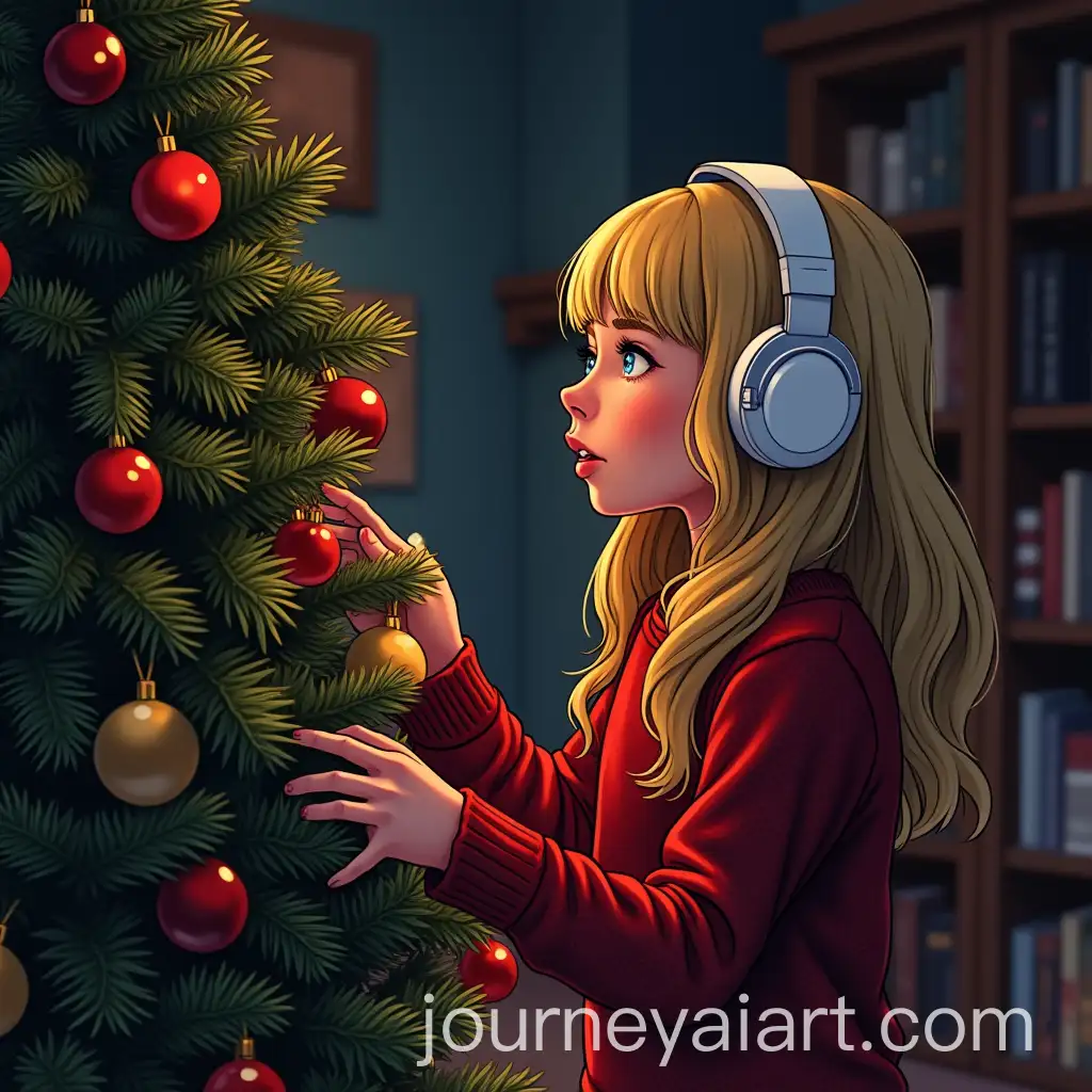 Blonde-Girl-Decorating-Christmas-Tree-in-Cozy-House-at-Night-in-GTA-5-Poster-Style