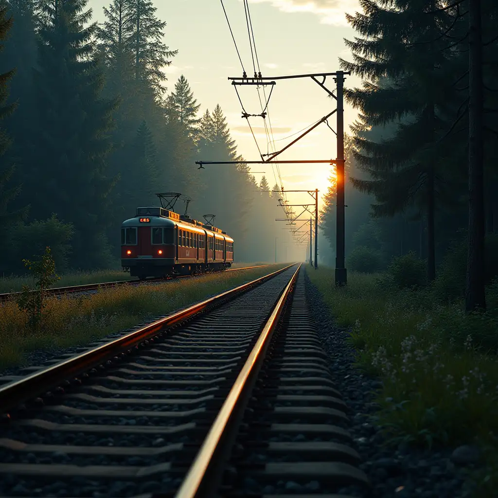 evening, forest, railway, scientific institute in the forest, railway platform, electric train