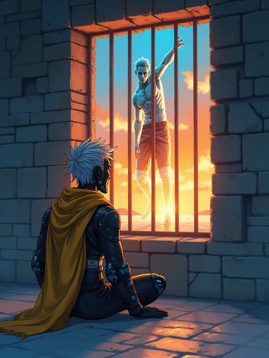 Digital watercolor, A solitary figure, a handsome male cyborg with spiked hair, a checkerboard neck barcode, and a flowing, tattered yellow brocade scarf, sits hunched on the cold, damp floor of a brick cell. His piercing gaze is fixed on the small, barred window, where a vibrant, otherworldly scene unfolds. A powerful, shirtless cyborg warrior, their bodies glistening with bioluminescent energy, engage in a joyous, acrobatic display against a backdrop of a radiant, sunset sky enticing him to come out. The scene is rendered in a dynamic, watercolor anime style, reminiscent of the legendary 'Legend of Zelda' series. The overall atmosphere is one of both confinement and awe, as the protagonist's solitary existence contrasts with the vibrant freedom of the outside world.