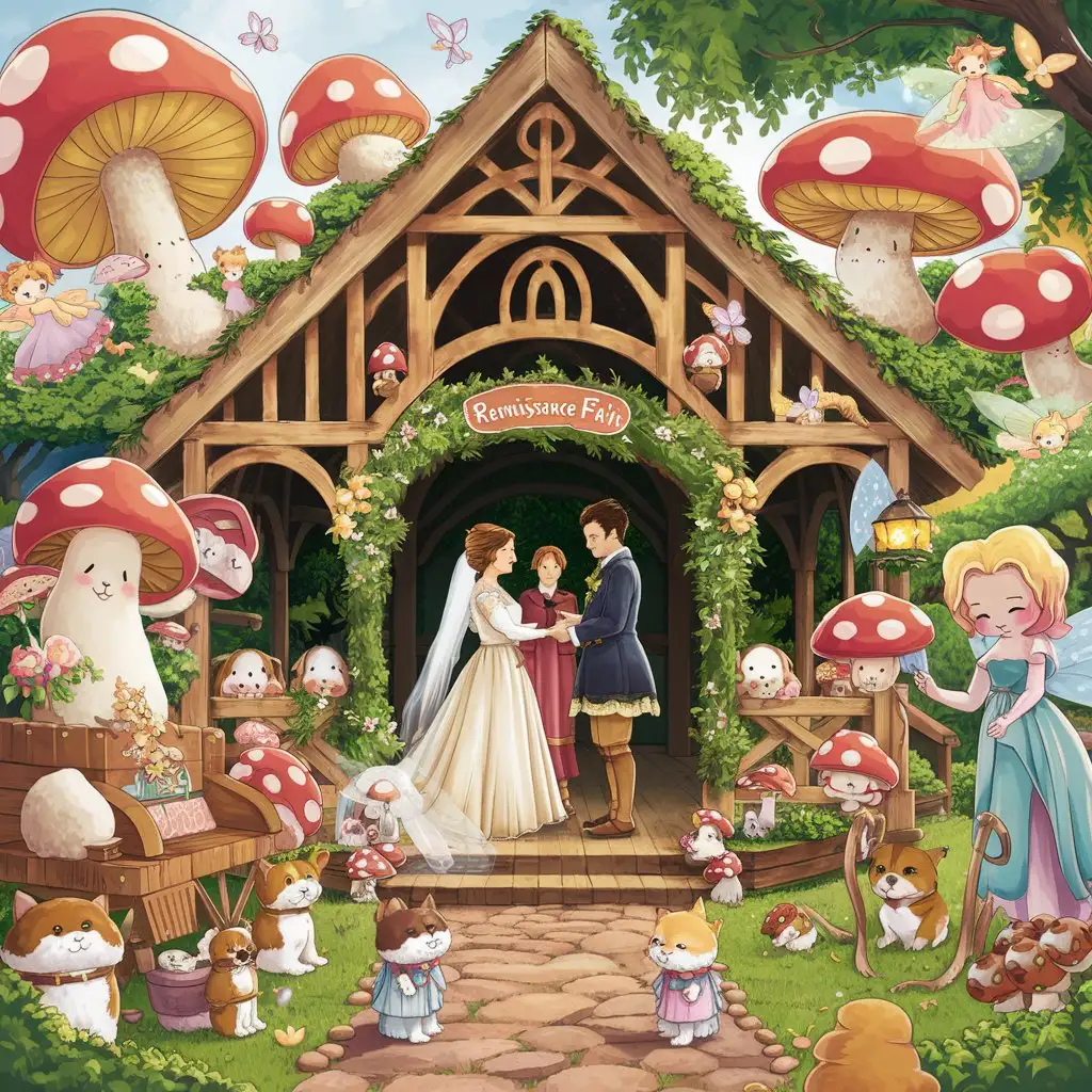 Ren Faire Wedding with Mushrooms Dogs Cats and Fairies in Cute Kawaii Style