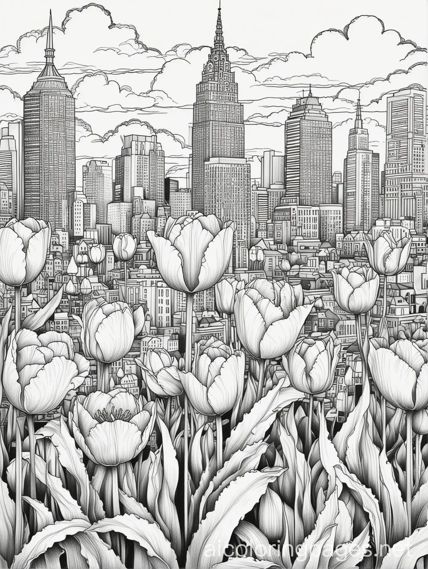 Blooming-Tulips-with-City-Skyline-Coloring-Page-for-Kids