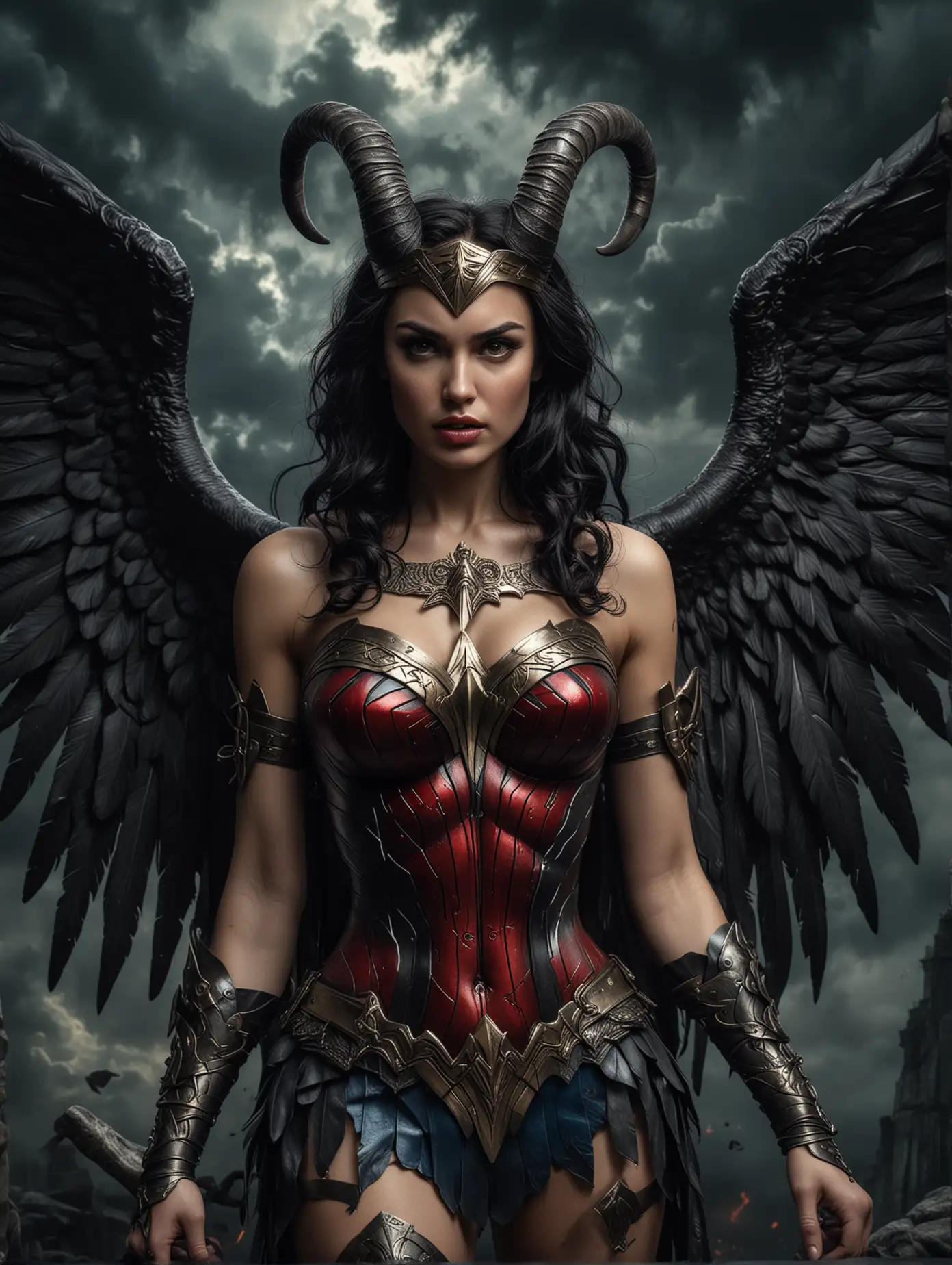 Beauty Wonder Woman with goat's horn, in demonic style with black majestic large wings, adorned her skin with tattooes, dynamic seductive pose, dark clouds with ray tracing background, sinister, moody, colorful organic shape, rampant in creativity, ornate in details, masterpiece art, fantasy art, fantasy theme, mythical creature