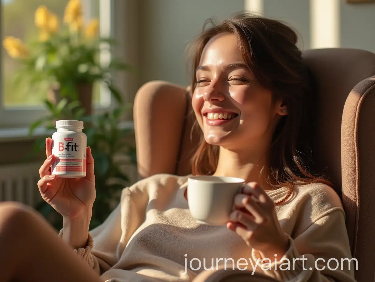 Young-Woman-Enjoying-Tea-and-BFit-Supplement-in-Cozy-Armchair