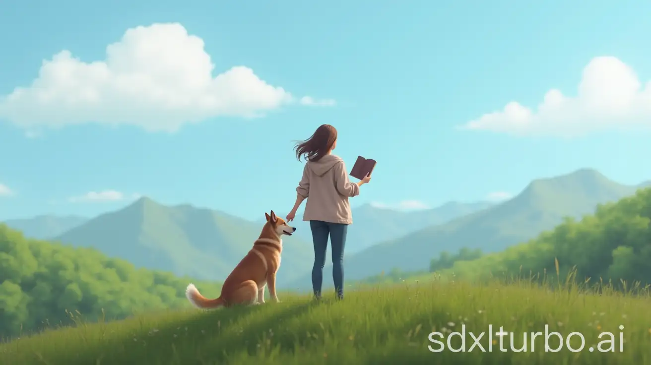 Woman-with-Dog-and-Book-on-Mountain-Summit-Under-Clear-Blue-Sky