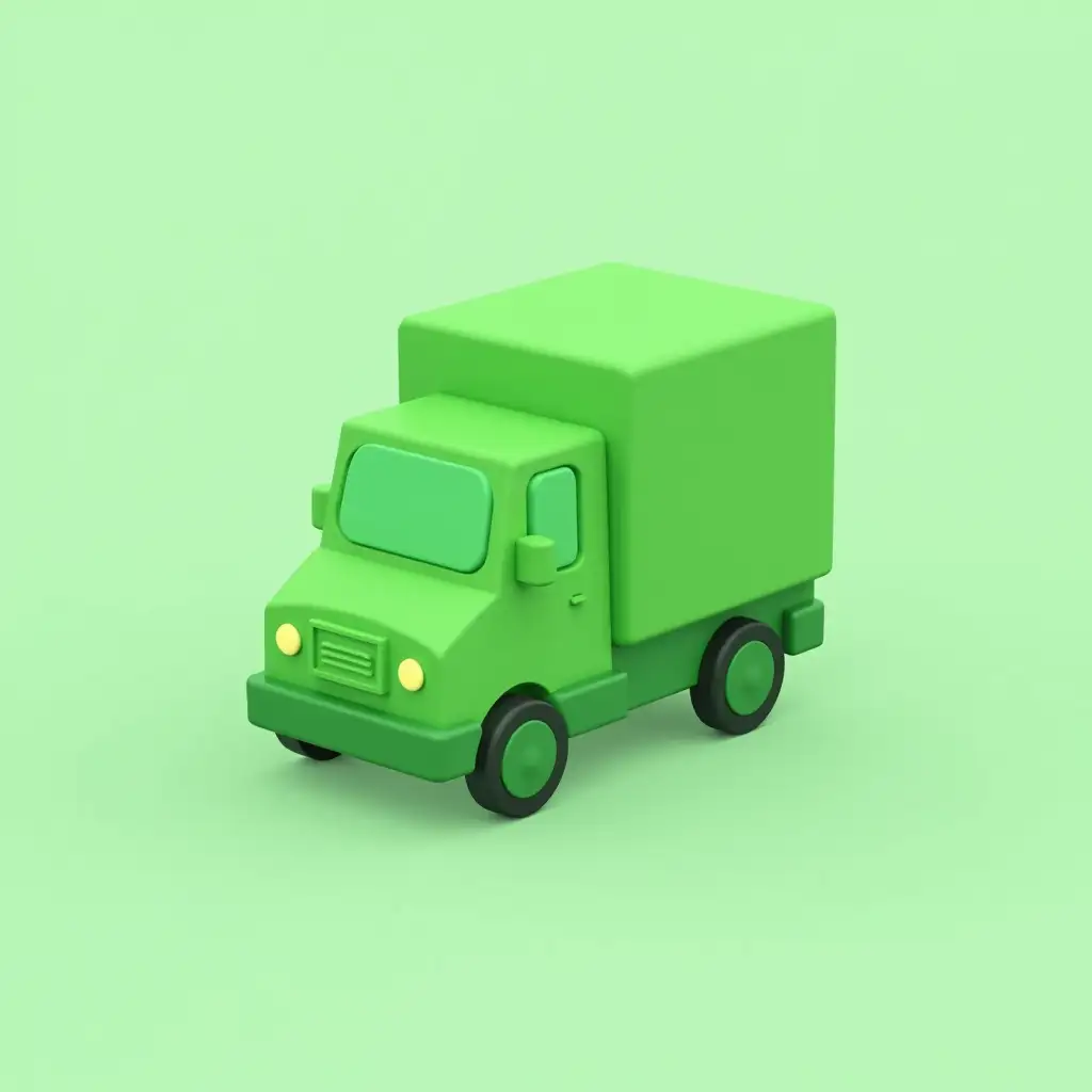 Need to make: 3D icon, Colors: green, What should be depicted: Delivery truck, which is driving on the road. the road should diverge in different directions. At the end of the road should be a mark of the finish line