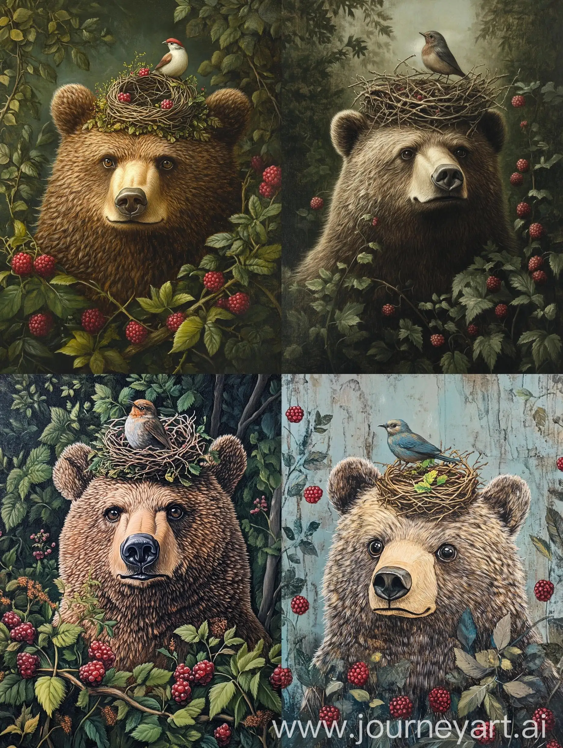 Bear-with-Birds-Nest-Hat-in-Forest-Setting