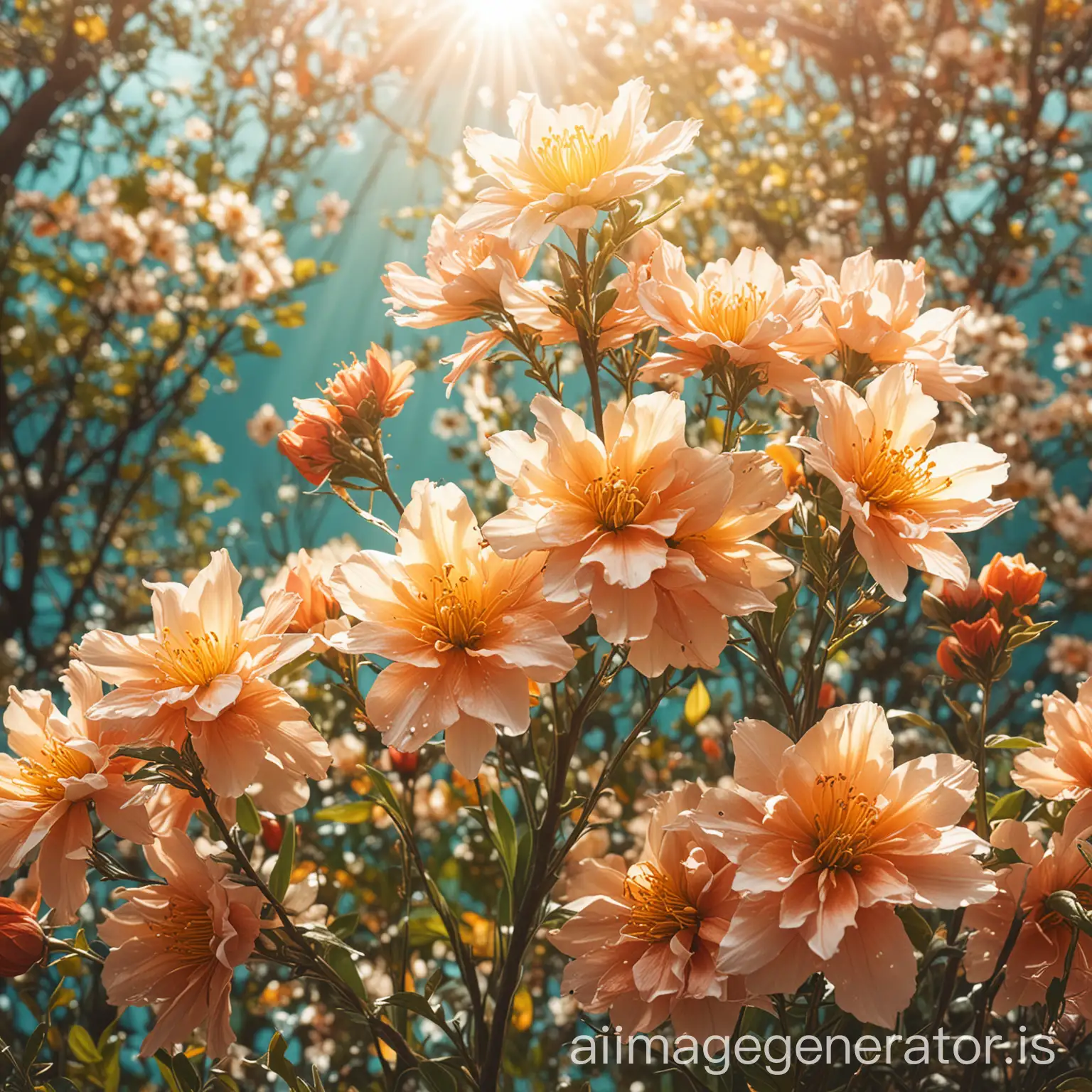 Create a digital abstract photo of blooming flowers with sunlight peeking through them. The flowers should be in peach, yellow, white, red, orange and teal in color. There should be leaves and flowers interspersed within the other flowers, with the hex code color #c0e9b1