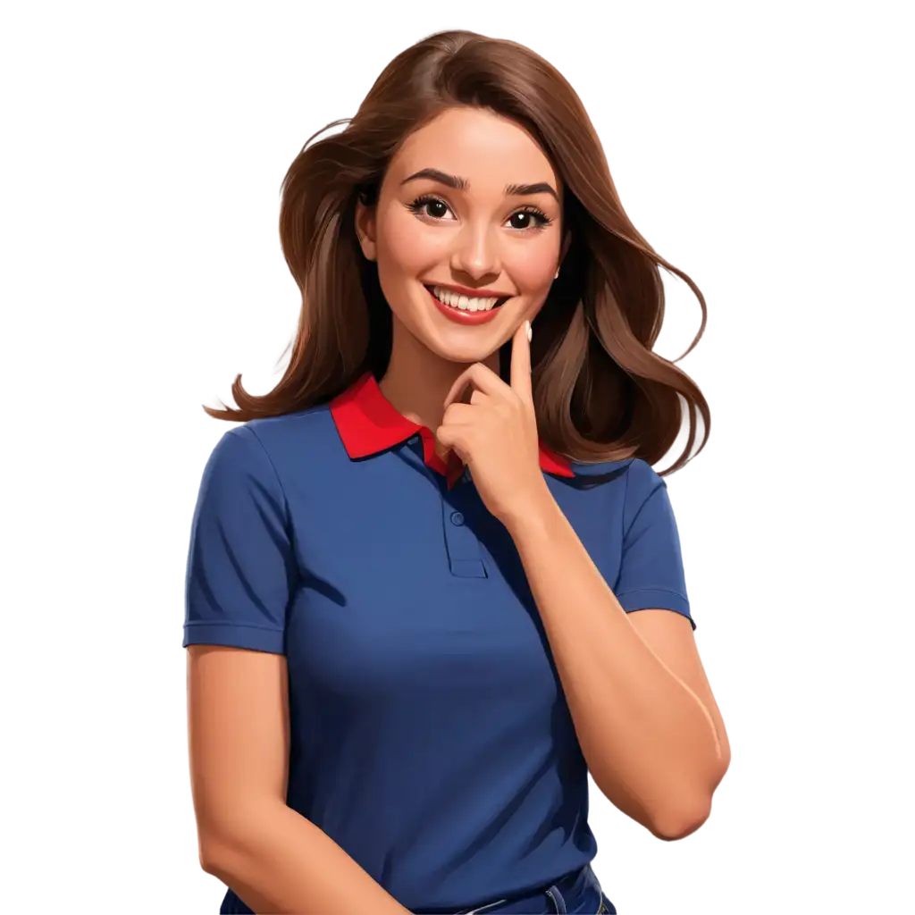 Disney-Style-Woman-Smiling-in-Dark-Blue-Polo-Shirt-with-Red-Collar-PNG-Image