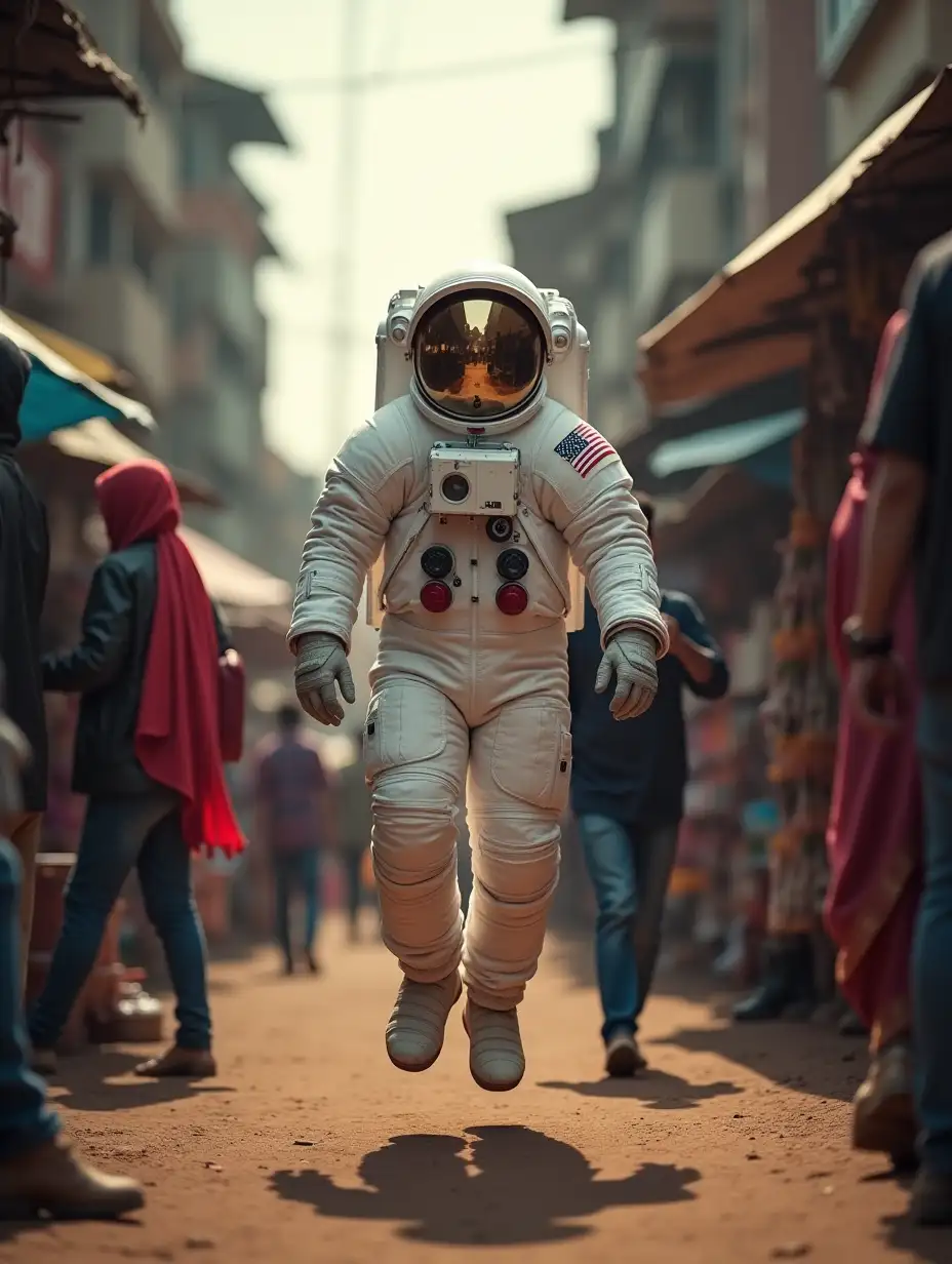 Astronaut lands in between a busy indian market