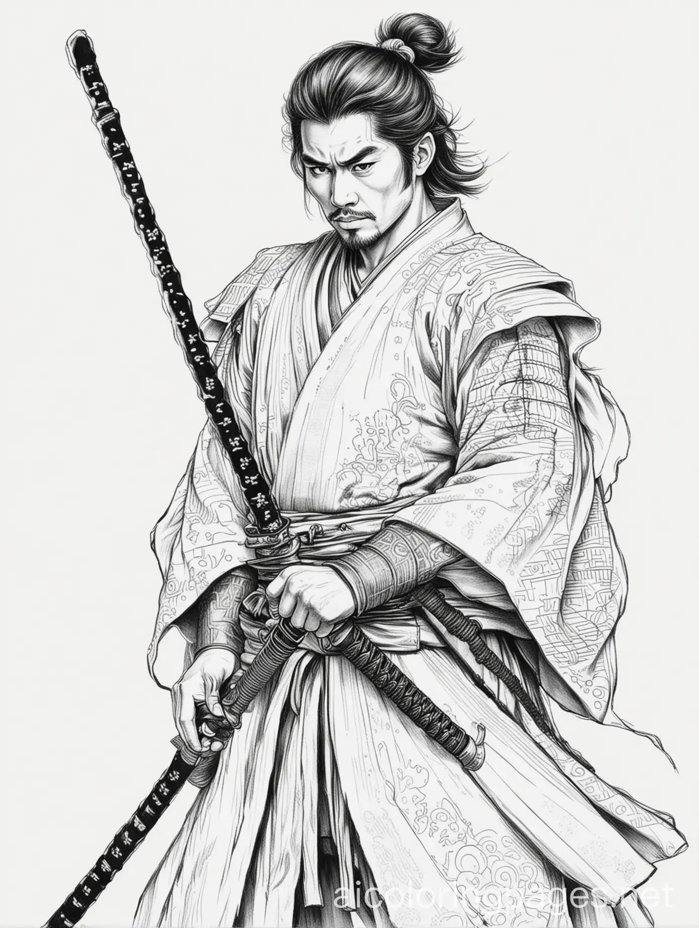 Samurai-Coloring-Page-with-Sword-Black-and-White-Line-Art