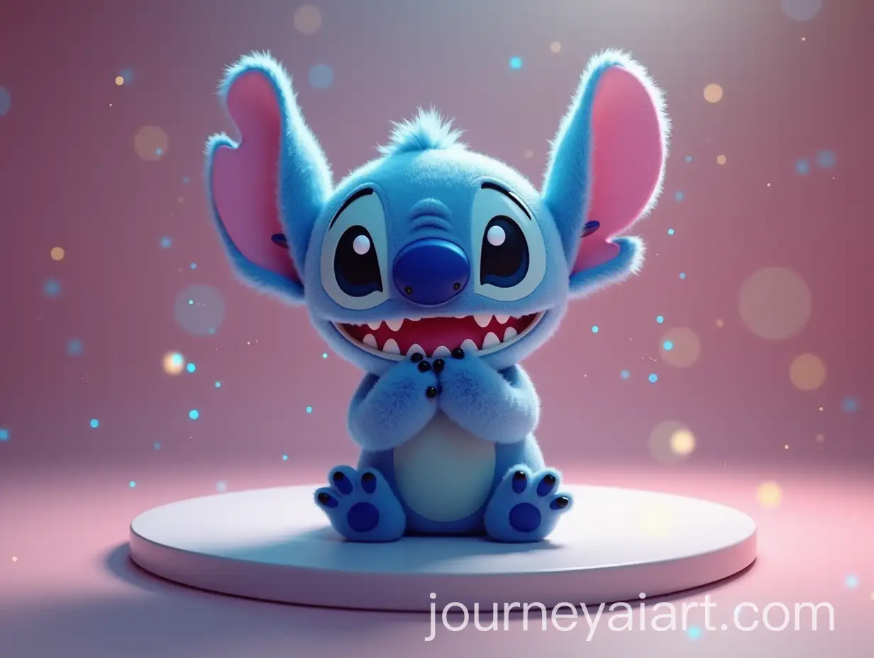 Kawaii-Stitch-Plush-Doll-on-a-Rotating-Platform-with-Sparkling-Background