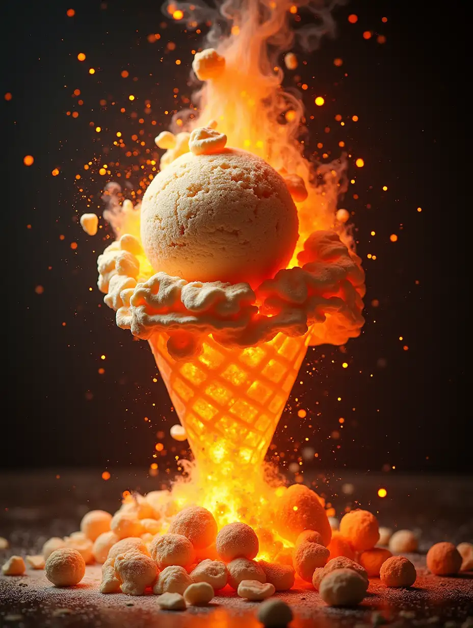 Dramatic dynamic food shot, [ice cream] explodes, erupts, apocalyptic explosion of volcanic food magic --ar 3:2 --c 50 --s 1000