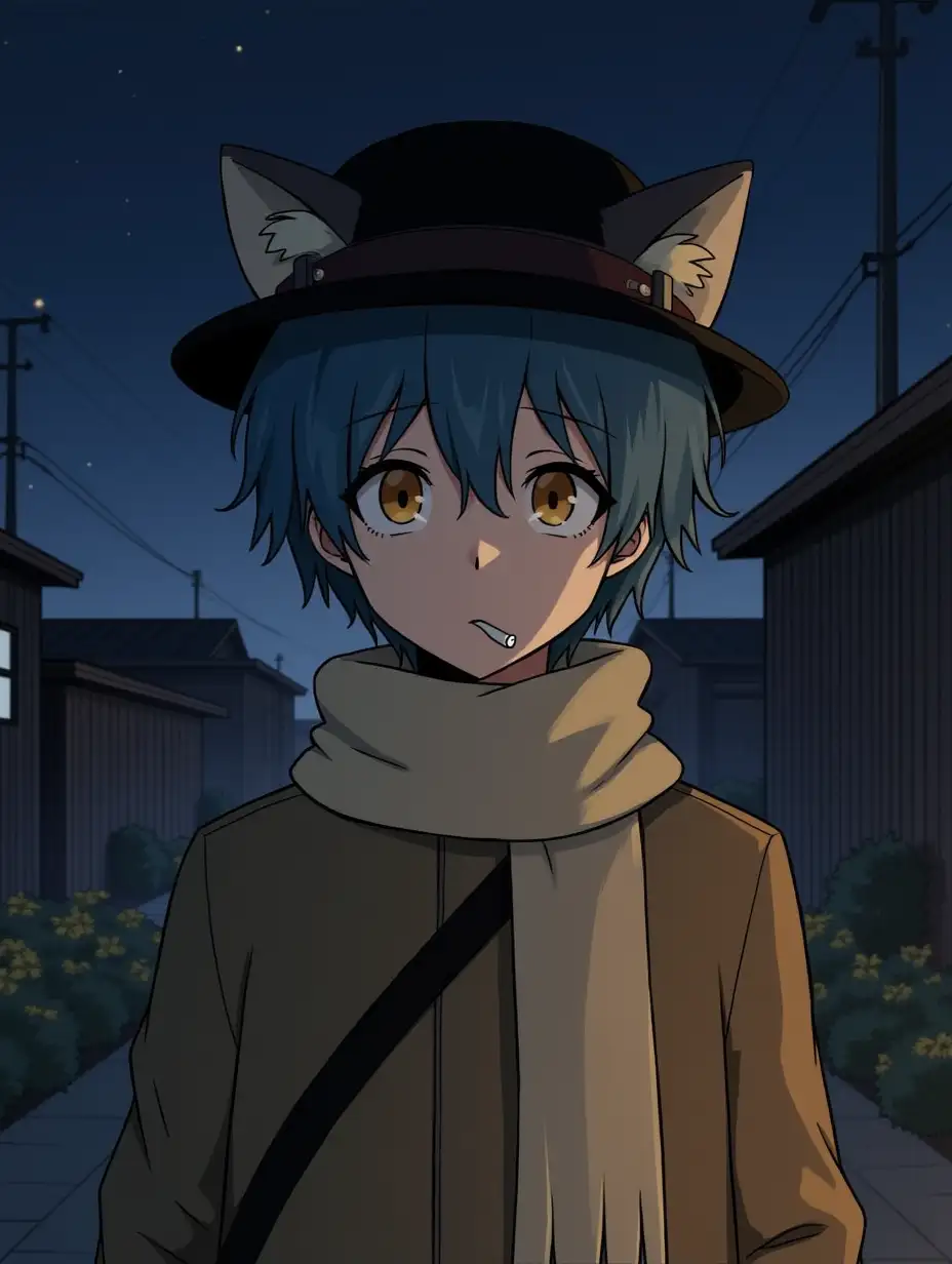 Neco, boy, dimmer, blue hair, cat ears, beige coat scarf, black hat, cigarettes, fall, night, panel houses, hyperdetailed, photo realism