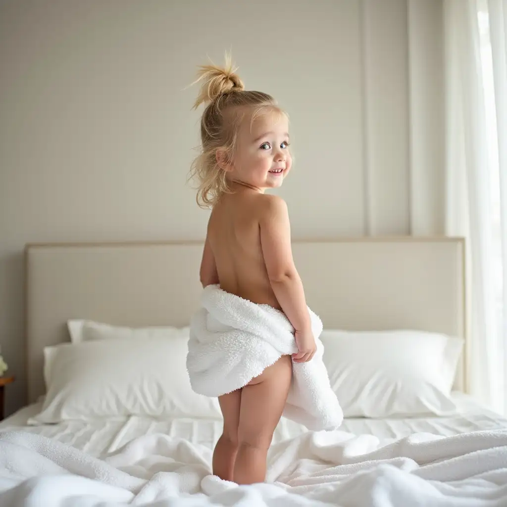 Adorable-Blonde-Little-Girl-in-a-Towel-Standing-by-a-Bed