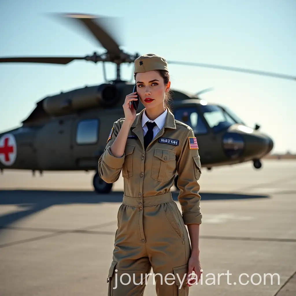 Young-Female-Military-Pilot-Talking-on-Satellite-Phone-at-a-Military-Airfield