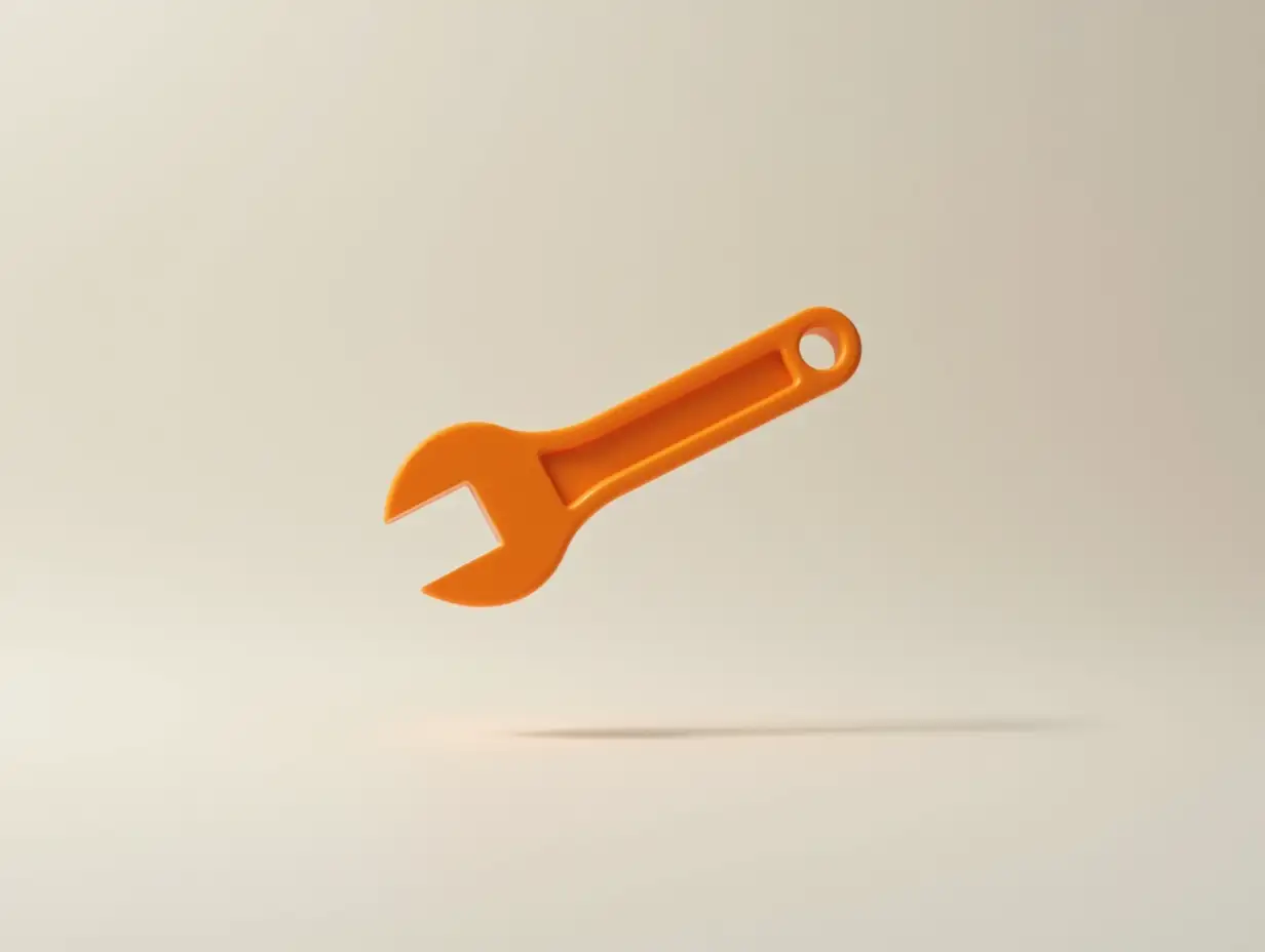 an orange wrench is floating in the air, neutral background