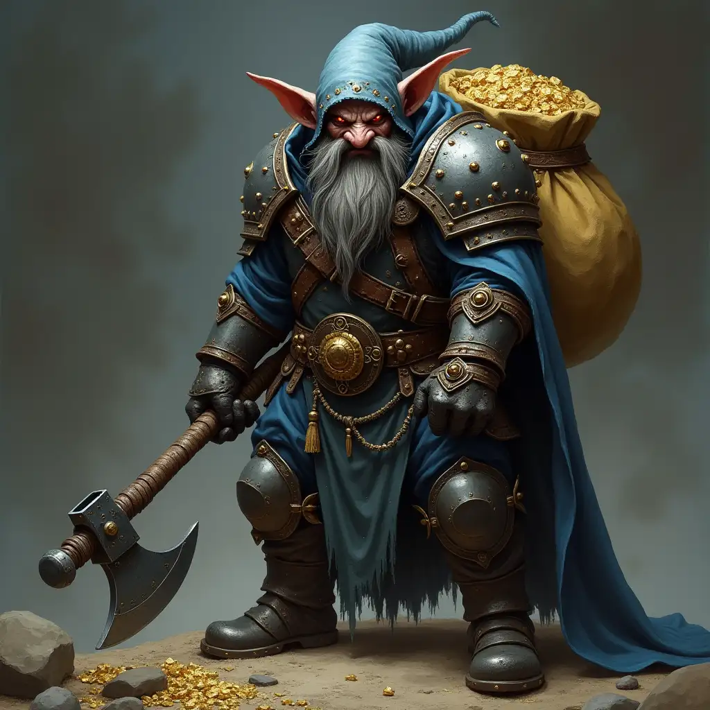 An evil gnome in dark armor with red eyes and an ax in hand with a bag of gold over his back