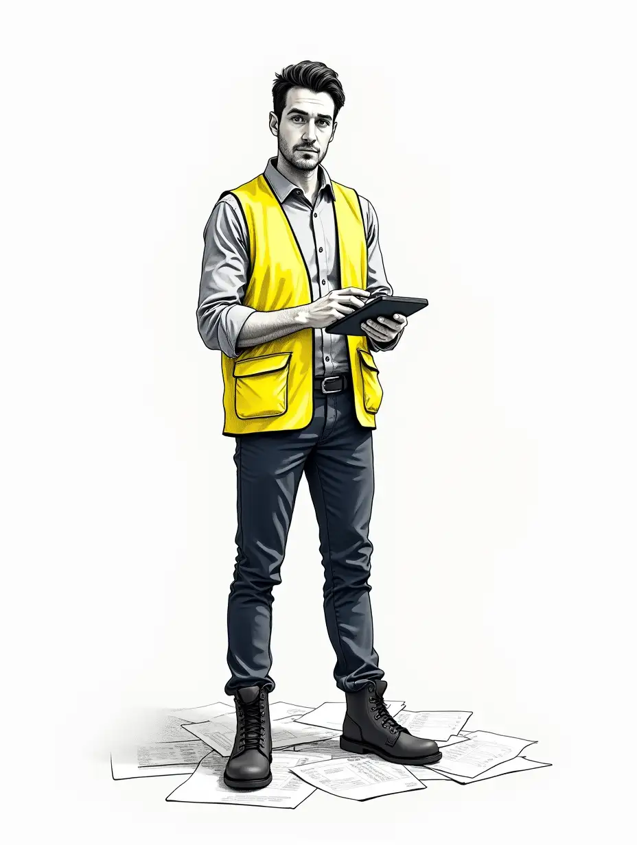 A modern, intricate ink sketch depicting a 30-32-year-old male engineer negotiating prices with material suppliers. He has an oval yet striking face with subtle wrinkles around his eyes. His amber-colored eyes reflect thoughtful intelligence, and his dark hair adds to his serious demeanor. He wears a professional yet slightly relaxed outfit – a fitted light gray shirt with rolled-up sleeves, over which a loose, high-visibility yellow safety vest drapes. His functional, dark navy pants and sturdy black work boots emphasize his professionalism. The man is engaged in negotiations, ensuring cost optimization without compromising quality. He may be standing at a table with documents, a calculator, or a laptop, analyzing offers. His posture is confident and assertive but not aggressive—he is an expert who knows how to secure a renovation without unnecessary expenses or unpleasant surprises. The background is minimalist and business-like, with subtle textures suggesting spreadsheets, price lists, and contracts blending into the scene. The composition is black-and-white with high contrast, evoking precision and professionalism.