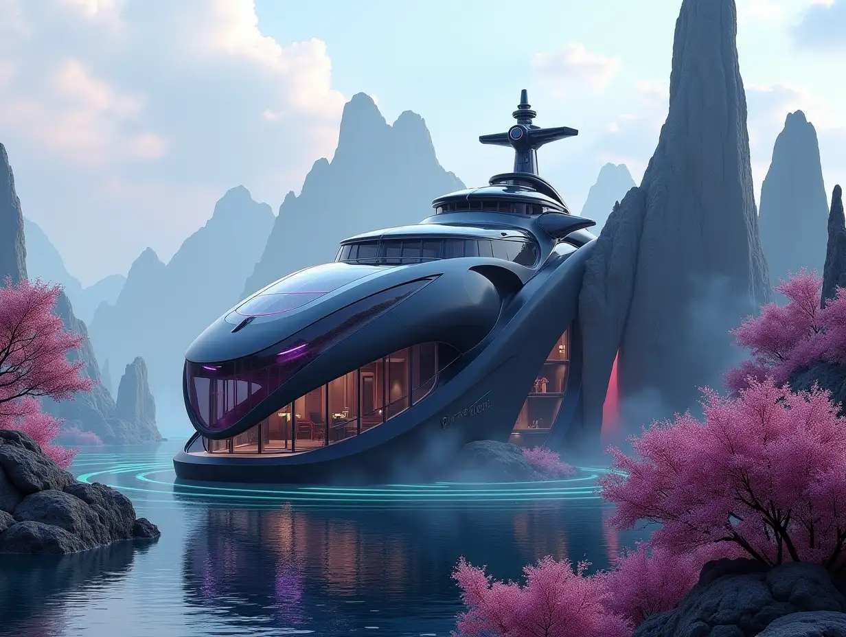 Create a high-resolution realistic image in 4k resolution a futuristic black Building with curved pillars, mountains large trees, rock flowers a futuristic big purple and glass yacht with glass window cloudy sky