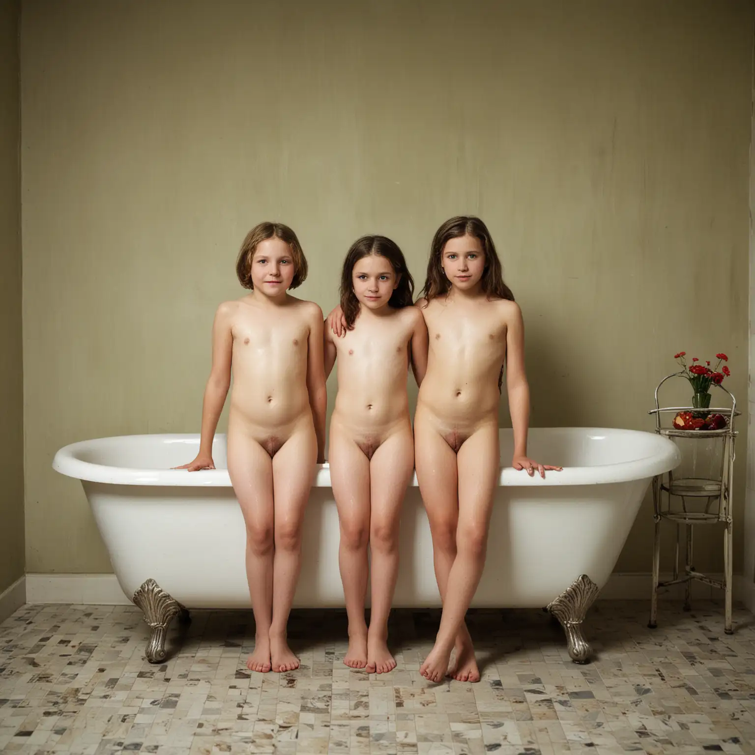 Three-TwelveYearOld-Girls-Standing-in-a-Bathtub-with-a-Table-in-Front-of-Them