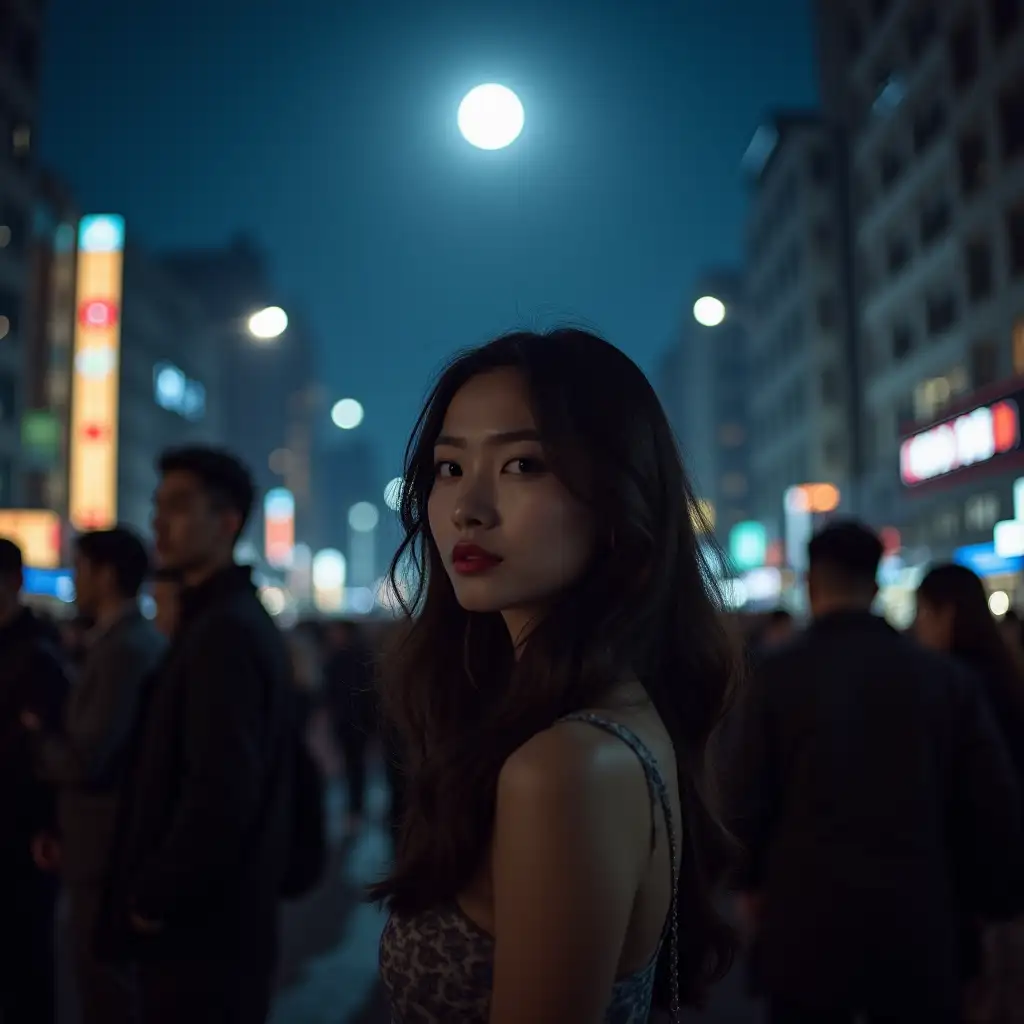 A beautiful Asian among people in the city at night under the moonlight
