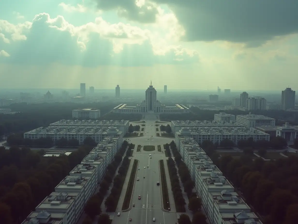 A dynamic aerial view over a socialist city from the 1970s in the former Eastern Bloc, with characteristic grey prefabricated buildings, wide boulevards and monumental government buildings in the Soviet style. The perspective shows symmetrical residential blocks, central squares with socialist monuments, and industrial complexes on the outskirts. Dramatic cloud formations in the sky, muted color tones, documentary style, inspired by historical archive footage.