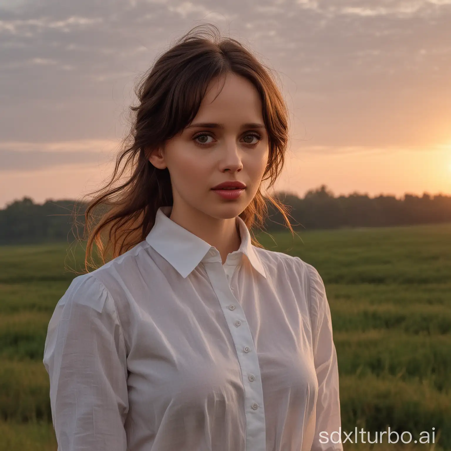 felicity jones, white shirt, poland, sunset