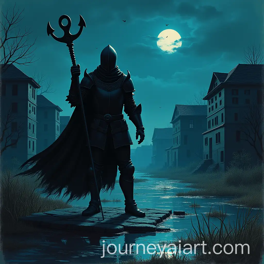 Mysterious-Knight-Holding-Anchor-in-Swampy-Night-Scene-with-Housing-Estate-Background