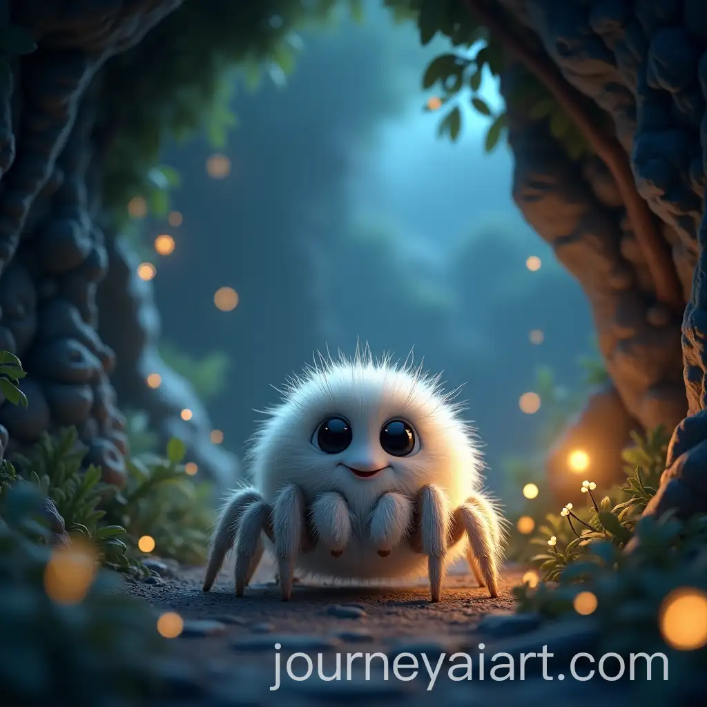 Adorable-Fluffy-White-Jumping-Spider-in-Magical-Cave-with-Glowing-Fireflies