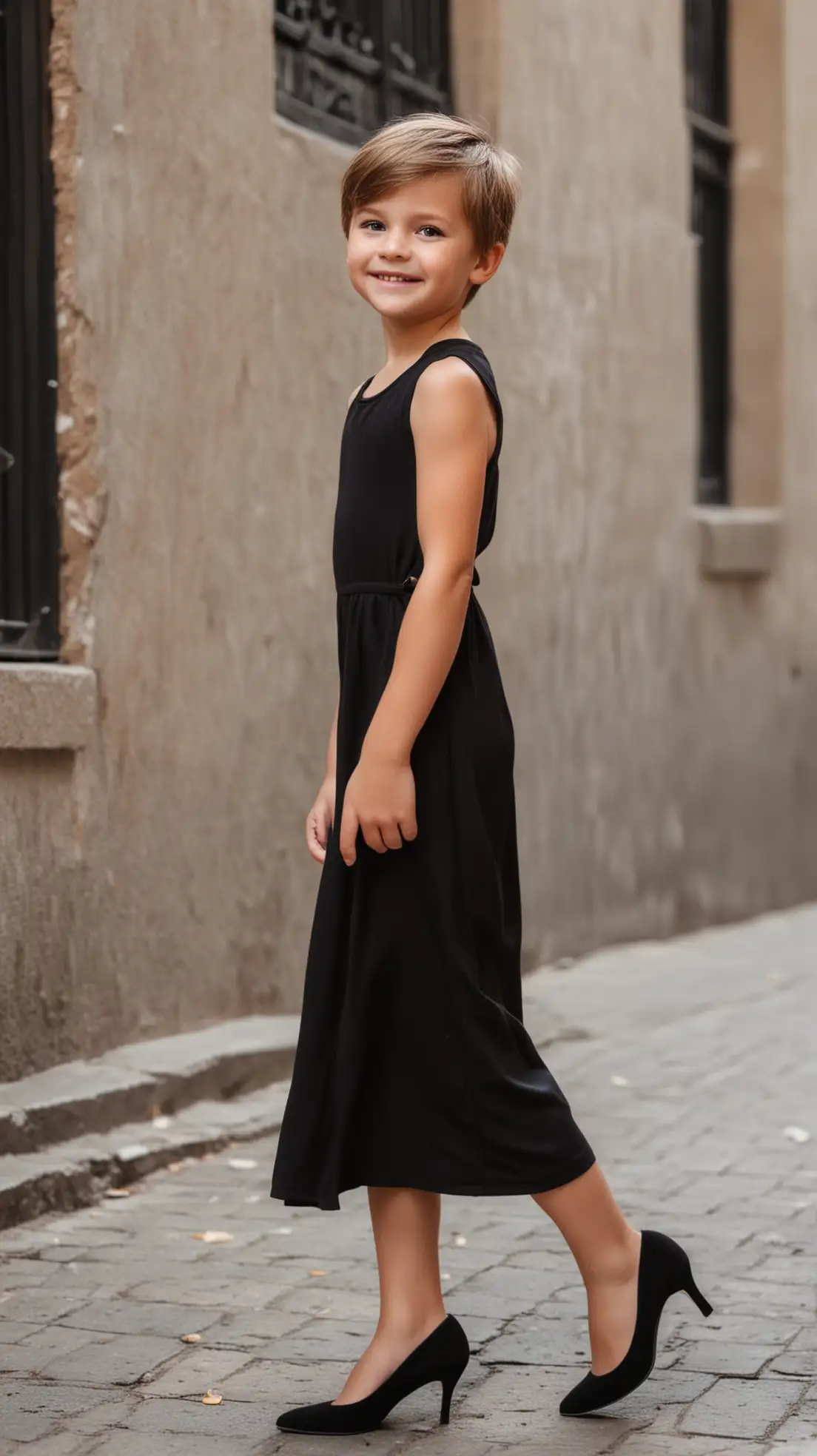 Little-Boy-in-Maxi-Black-Dress-and-High-Heels-Smiling-in-City-Setting