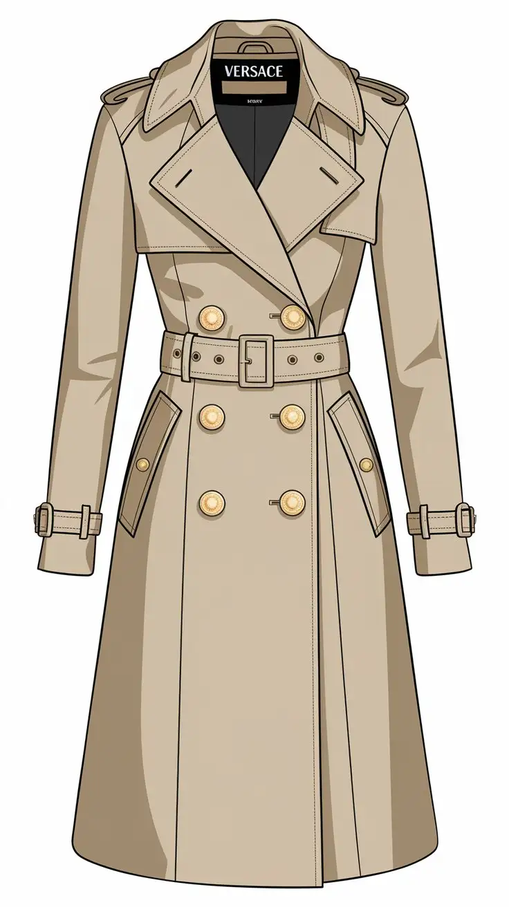 Elegant VersaceInspired Womens Trench Coat Technical Illustration