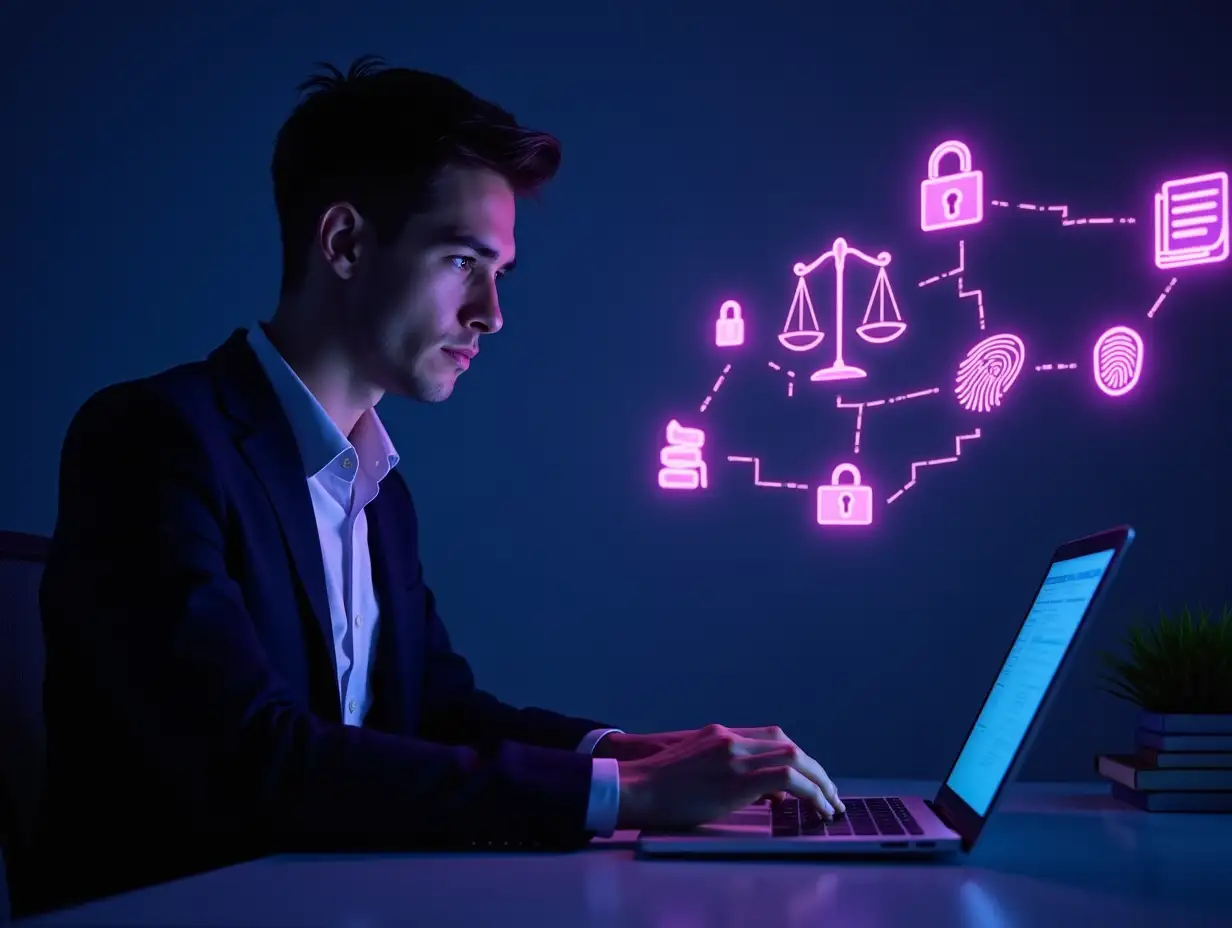 A young, serious-looking professional man in a suit working late at night on a laptop in a modern office. The man is Caucasian and has short, dark hair and a clean-shaven face. The man is focused on the screen, his hands on the keyboard. The office is dimly lit with a purple and blue light, creating a sense of concentration and importance, echoing the color of the provided logo. A series of glowing, stylized icons representing data security, legal services, and financial technology float in the air to his right, connected by neon lines in purple, symbolizing a digital network. The icons include a padlock, scales of justice, a document, and a fingerprint. A small green plant and stacks of books sit on the desk nearby. The scene has a clean, professional, and slightly futuristic aesthetic. There is significantly more empty space on the right side of the image to allow for text or additional design elements. The camera angle is slightly to the left, showcasing the man and the floating icons while emphasizing the blank space on the right. No Asian features are visible in the man's face or appearance.