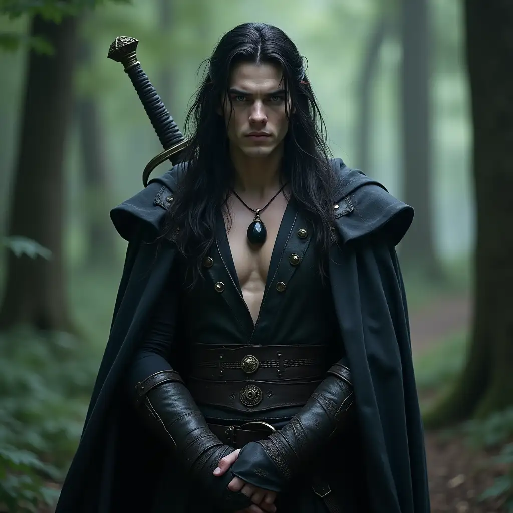 Handsome Male Elf Warrior in Dark Leather Armor in Enchanted Forest