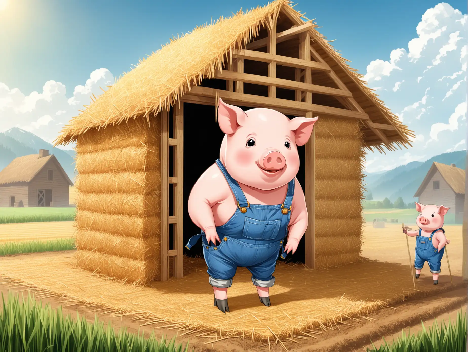 Pig Building Straw House in Overalls