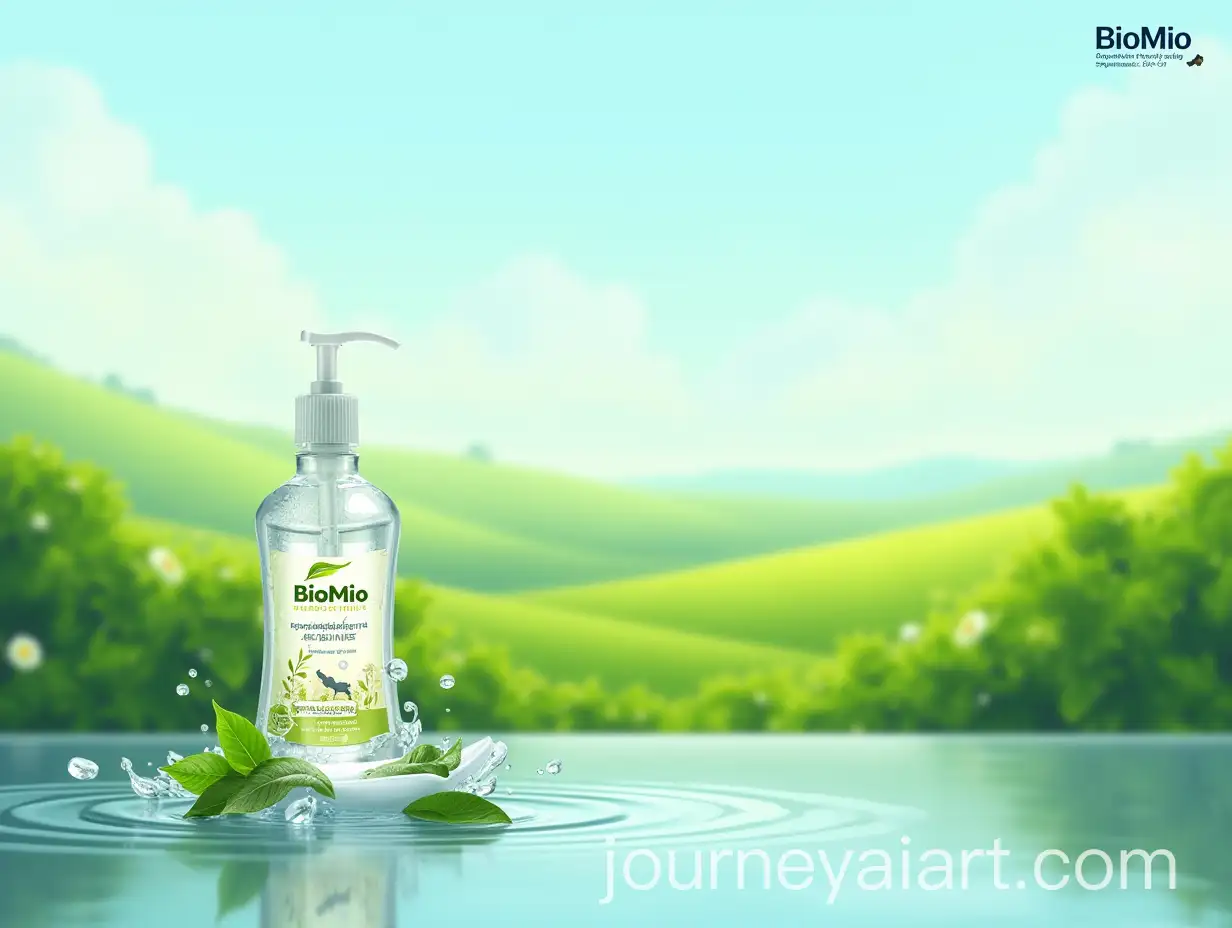 EcoFriendly-BioMio-DishAI-Image-Prompt-Expansionwashing-Liquid-in-a-Lush-Tea-Field-Landscape