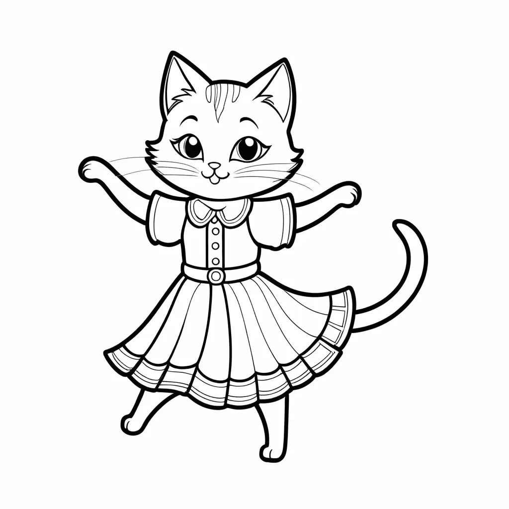 Whimsical-Dancing-Cat-in-a-Dress-Coloring-Page-for-Kids