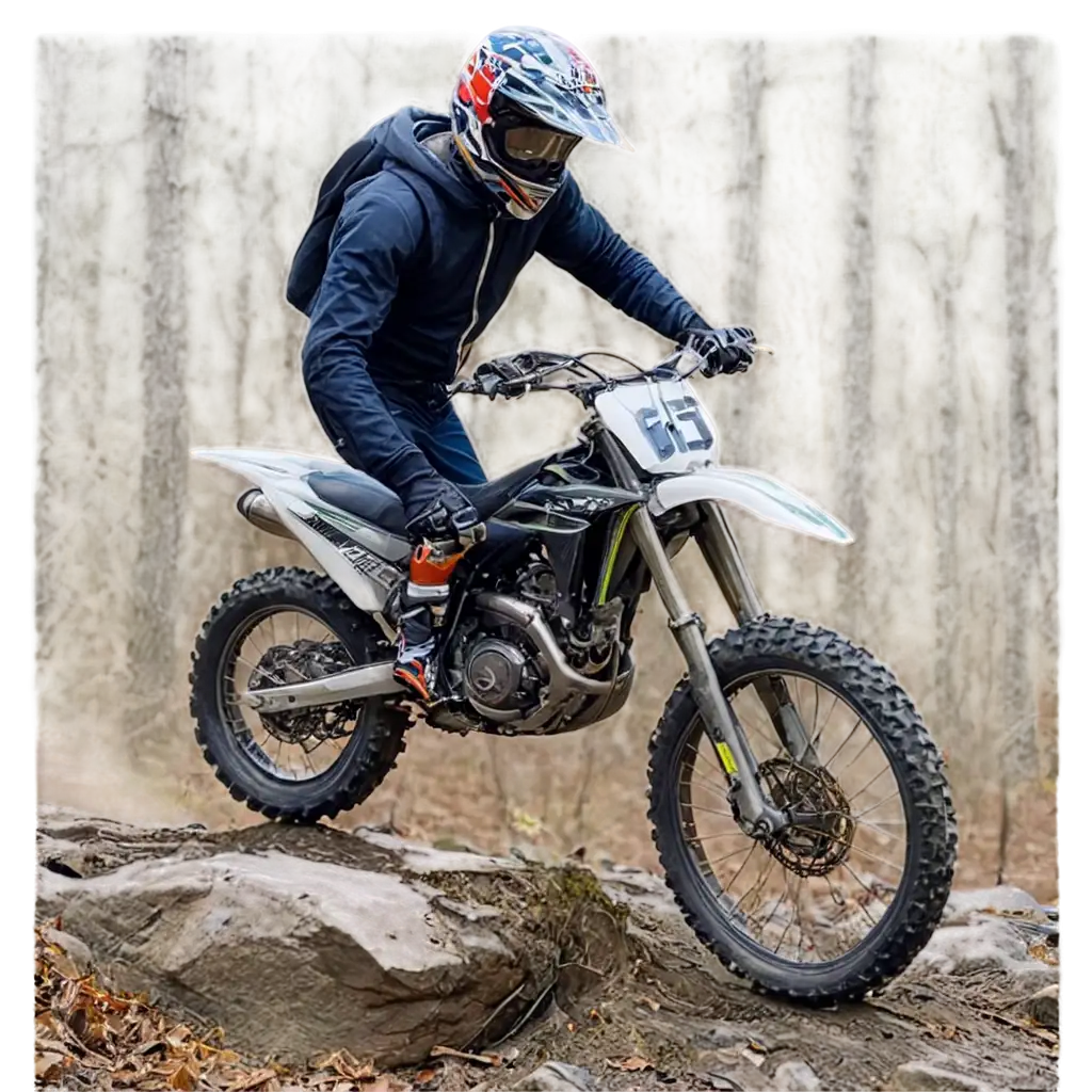 A person riding a dirtbike in the woods with rocks and roots