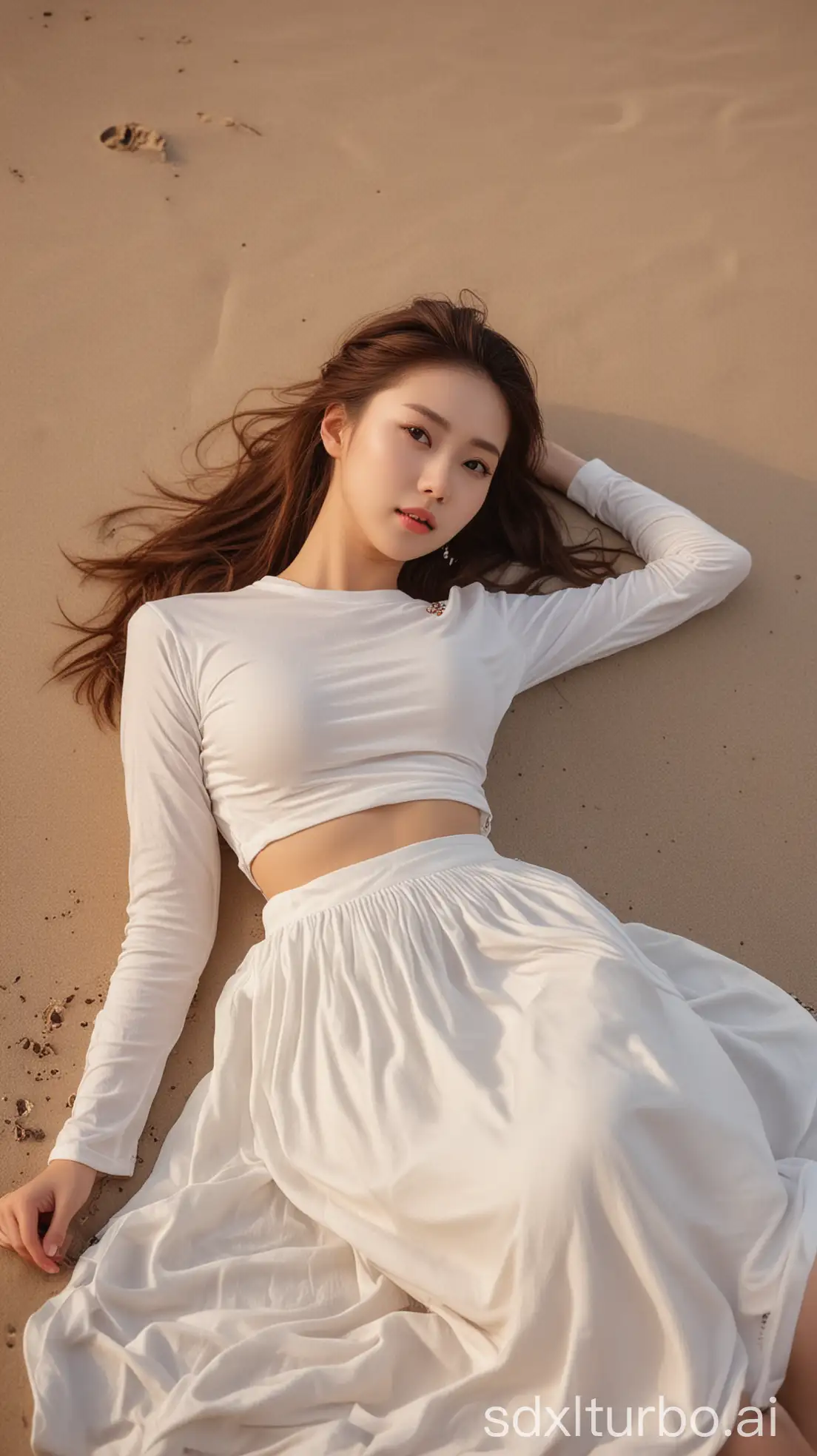 Chinese-Beauty-in-Winter-Fashion-Lying-on-Sunset-Beach-Sand