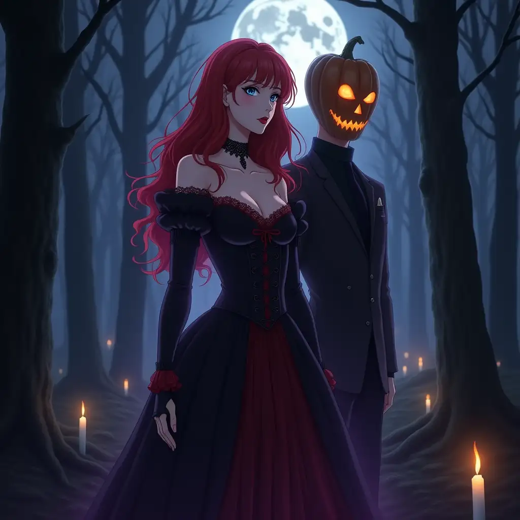 GothWitch-with-glowing-pumpkinic-Witch-and-Glowing-Pumpkin-Head-in-a-Misty-Forest-Under-the-Full-Moon
