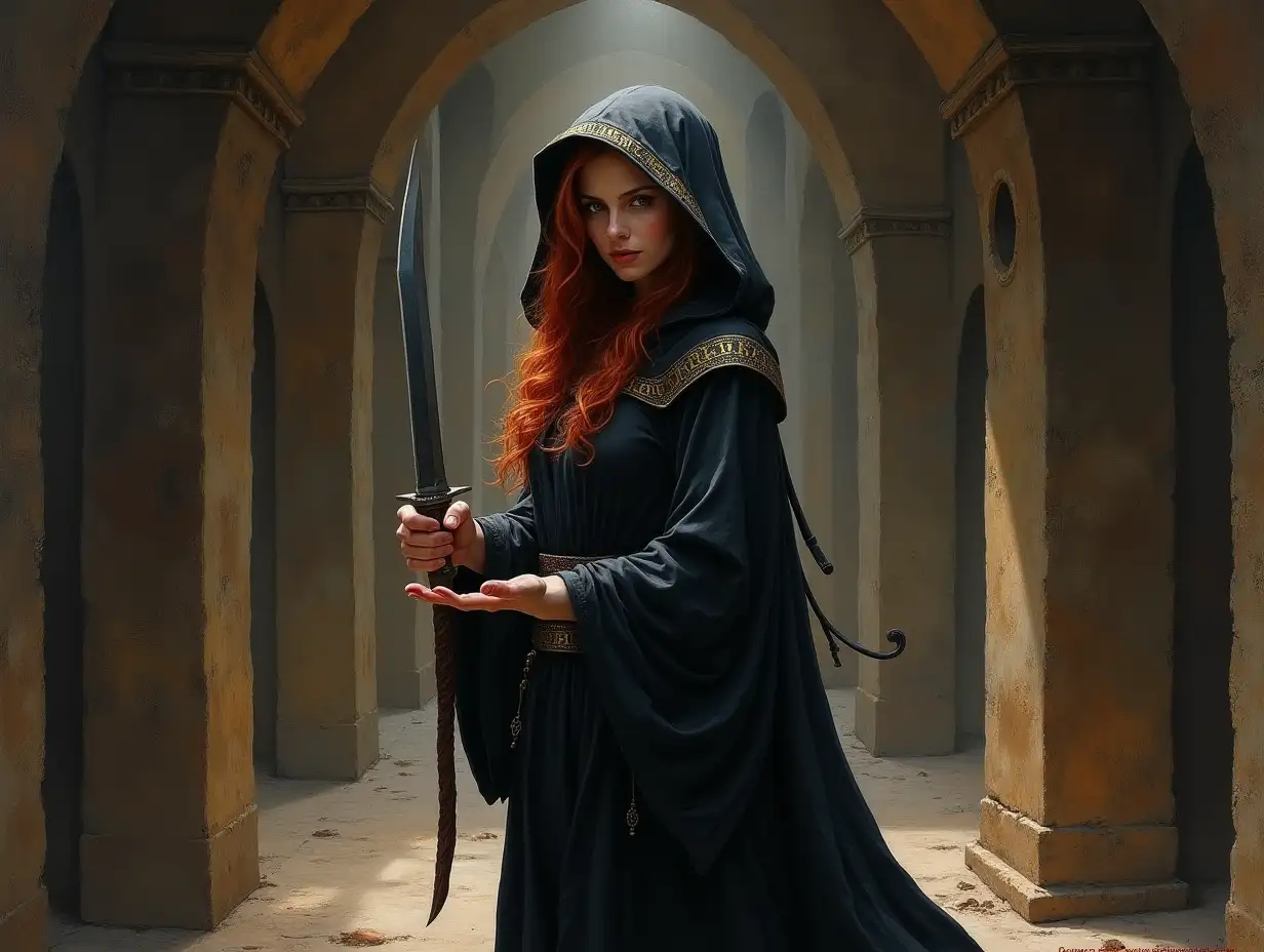 Wide-angle oil painting depicting the full body of a young beautiful female cleric in black robes and red hair visible under her black hood with runes on the seams, standing in the archway to a heathen temple holding a knife, gloomy atmosphere, style of AD&D fantasy oil painting in the style of Larry Elmore