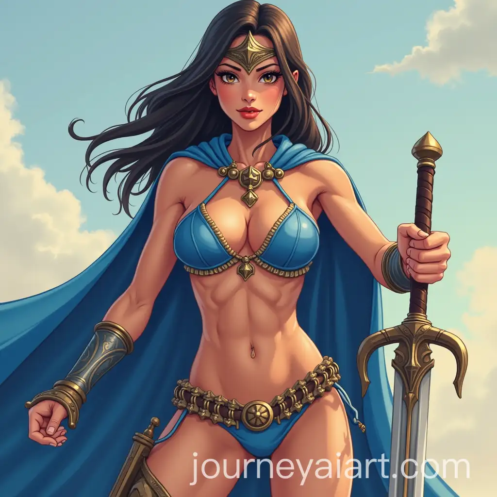 Princess-Warrior-in-Blue-Cape-and-Bikini-with-Sword