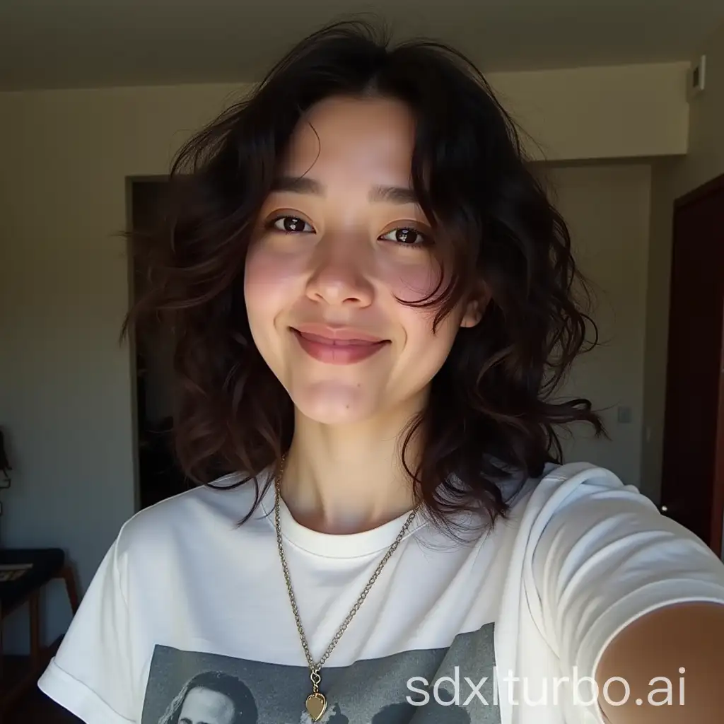 Natural-Daylight-Portrait-of-Young-Woman-with-Curly-Hair-and-Graphic-TShirt