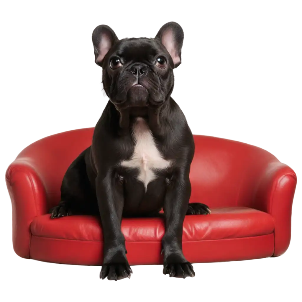 PNG-Image-of-a-Black-French-Bulldog-Sitting-on-a-Red-Couch-Licking-its-Paw-with-Tongue-Out