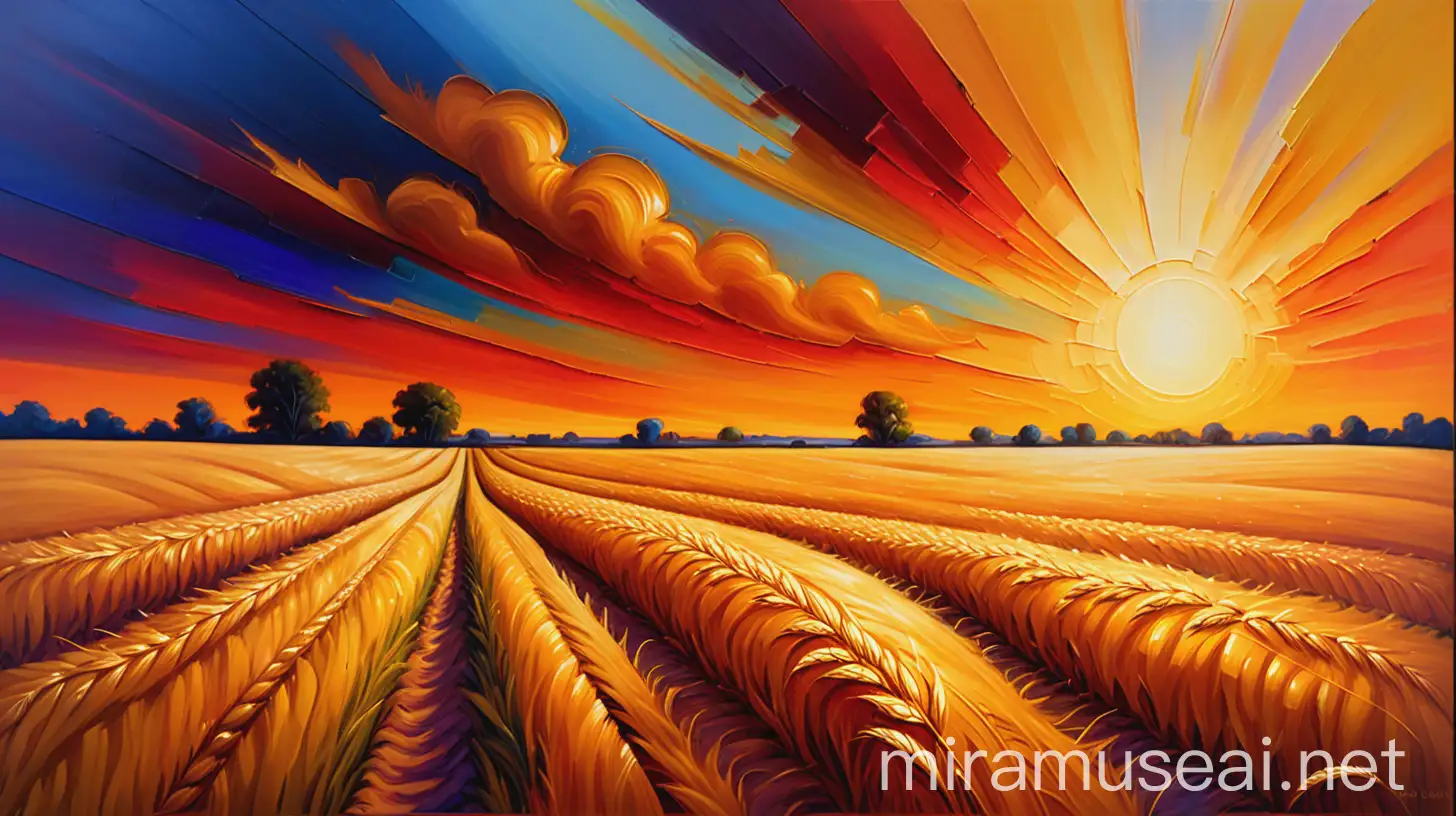 Fanciful Oil Painting Golden Grain Field at Sunset