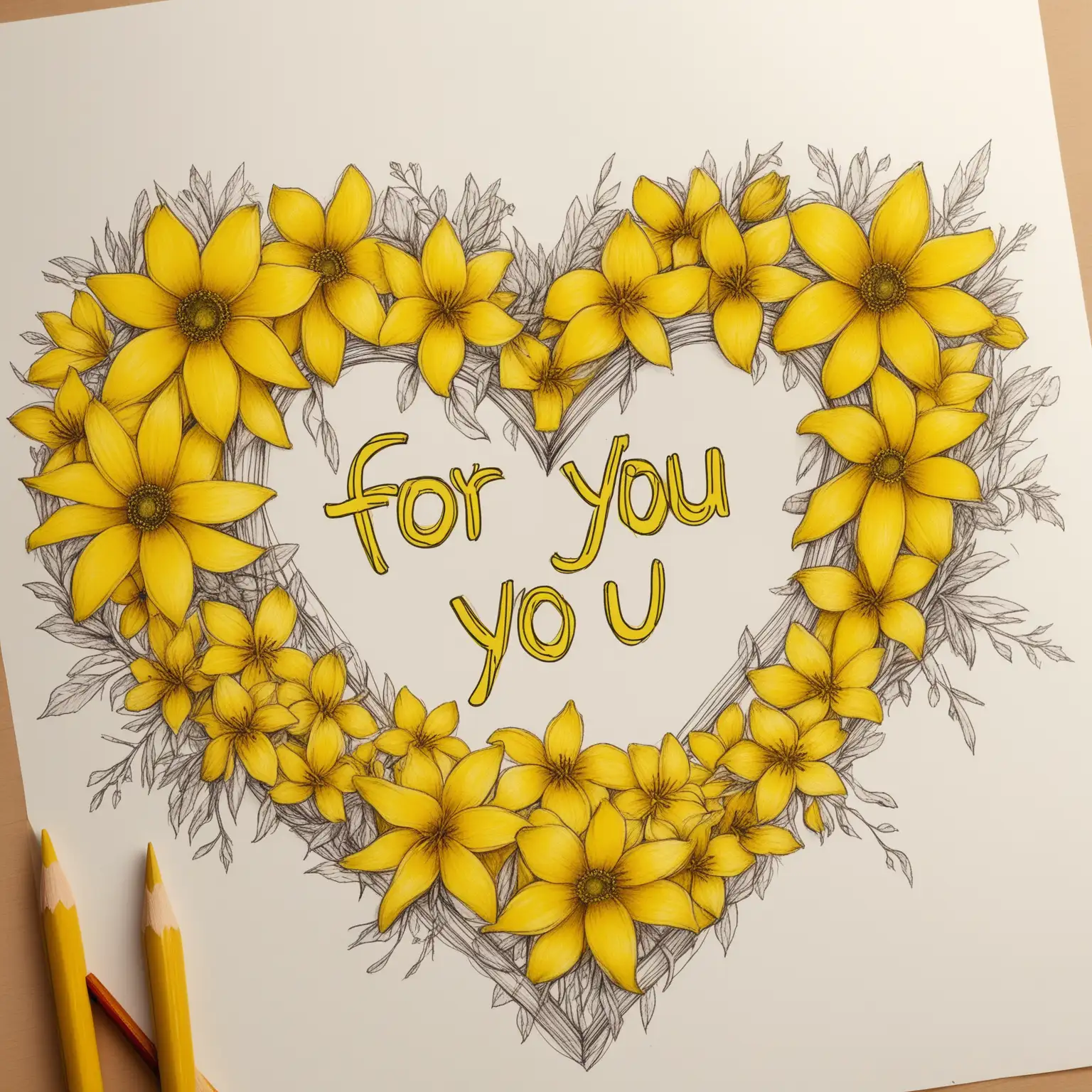 Créame un dibujo de unas flores amarillas amarradas con un moño, al rededor de ella corazón, y en una parte del dibujo que diga en inglés "Para ti" 