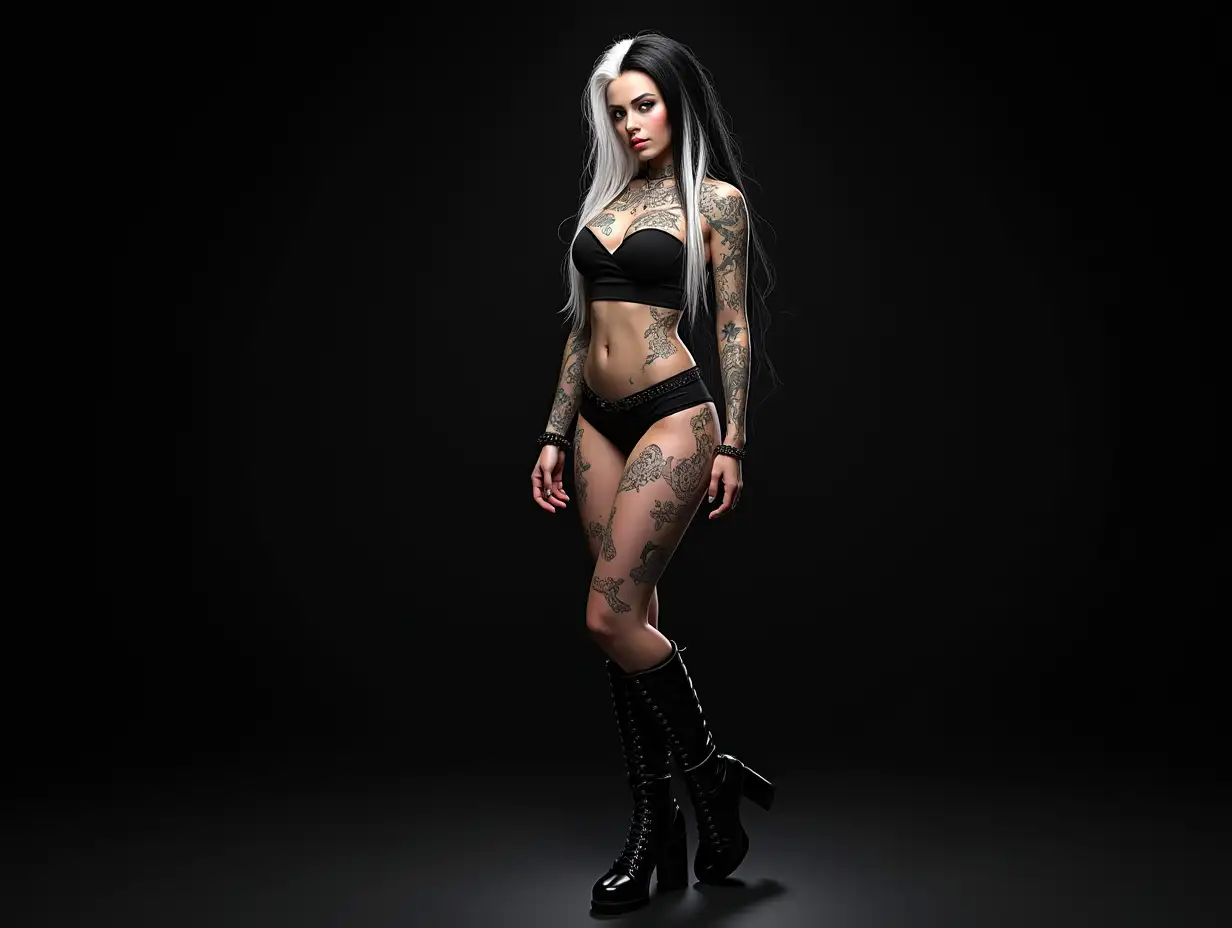 Depiction of a beautiful white woman with tattoos and long mixed white-black hair in a futuristic style and laced boots, black background