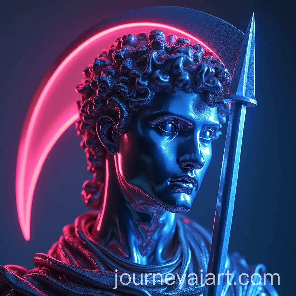 Chrome-Sculpture-of-Head-of-David-with-Glowing-Scythe-in-Pink-and-Blue-Colors
