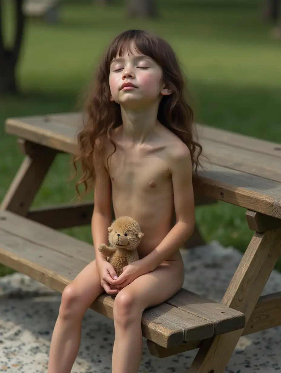 Little-Girl-Sitting-on-Picnic-Table-with-Stuffed-Animal