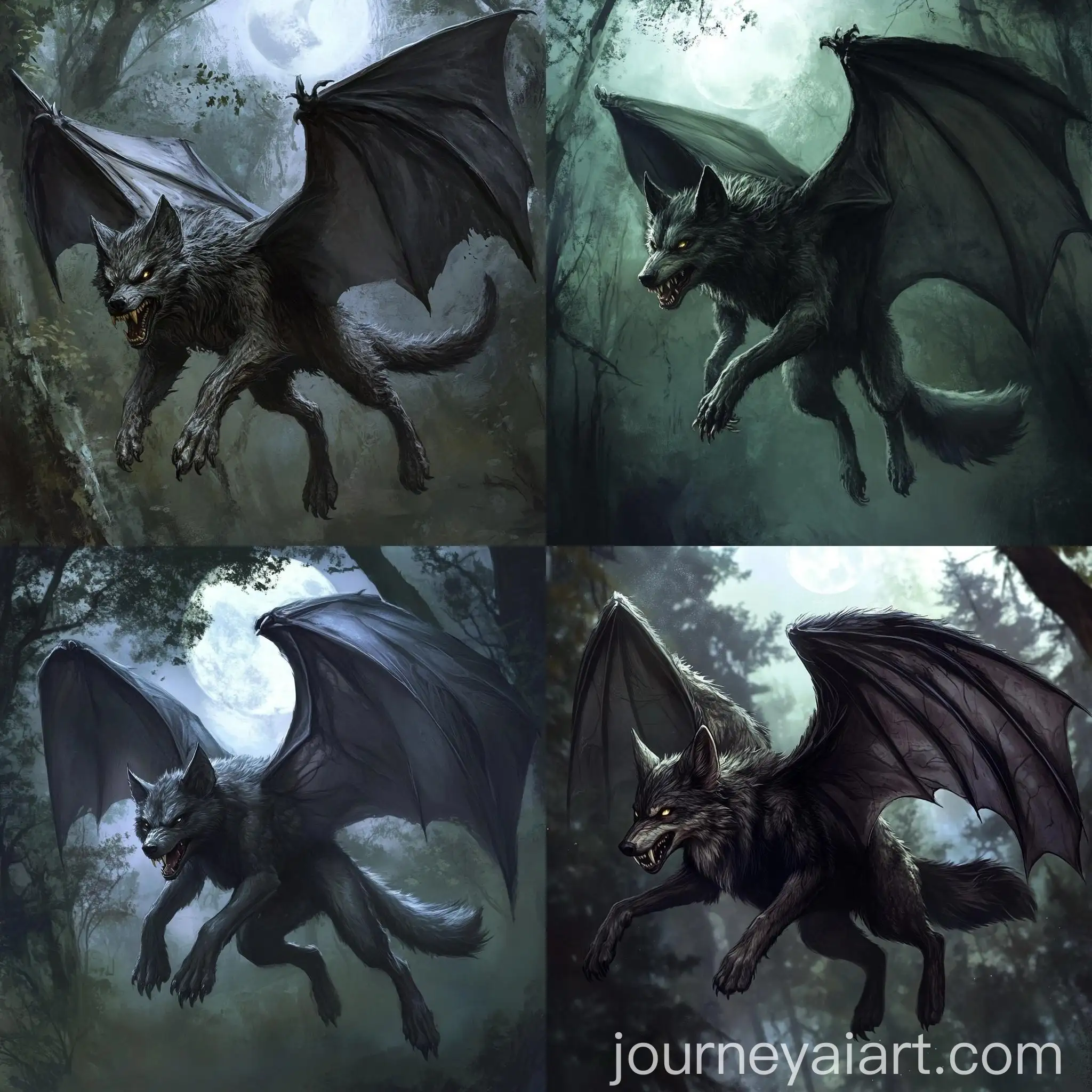 Mythical-WolfBat-Creature-Flying-Over-Moonlit-Forest